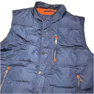 Orvis Essex Puffer Vest Mens Large Navy Blue Duck Down Full Zip Snap Button READ